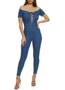 Off the Shoulder Denim Lace Up Jumpsuit sold by Rainbow