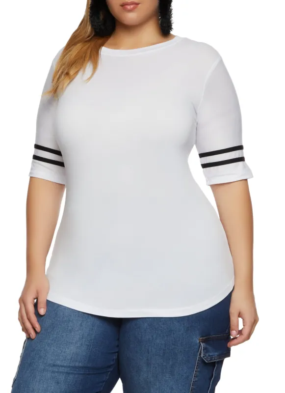 Plus Size Varsity Striped Sleeve T Shirt sold by Rainbow
