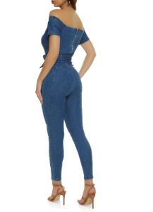 Off the Shoulder Denim Lace Up Jumpsuit sold by Rainbow