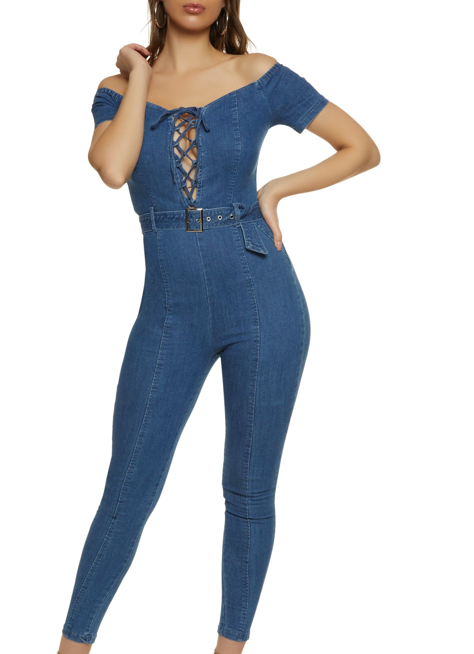 Off the Shoulder Denim Lace Up Jumpsuit sold by Rainbow