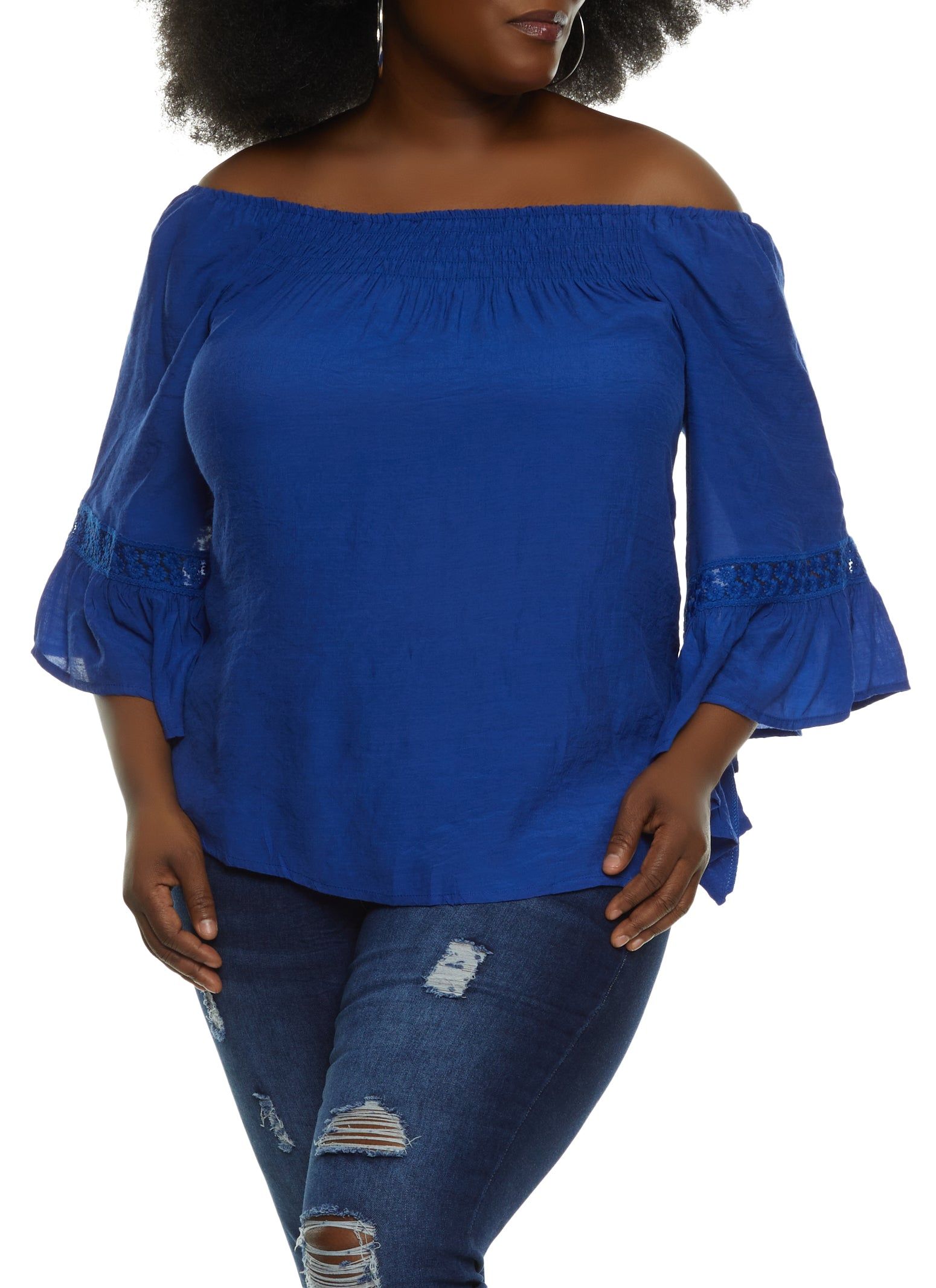 Plus Size Daisy Crochet Detail Bell Sleeve Blouse sold by Rainbow