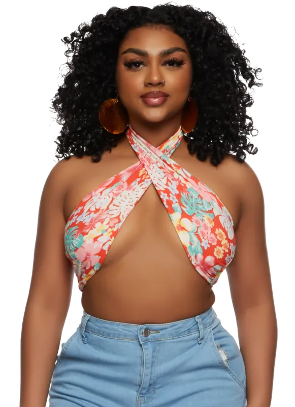 Almost Famous Printed Twist Front Halter Crop Top sold by Rainbow