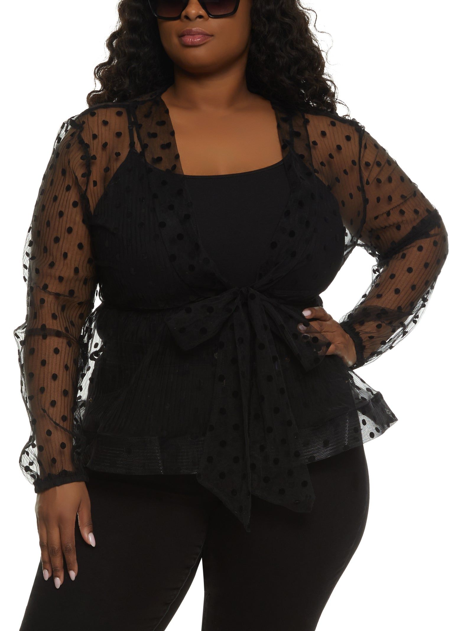 Plus Size Polka Dot Lace Tie Waist Blouse sold by Rainbow