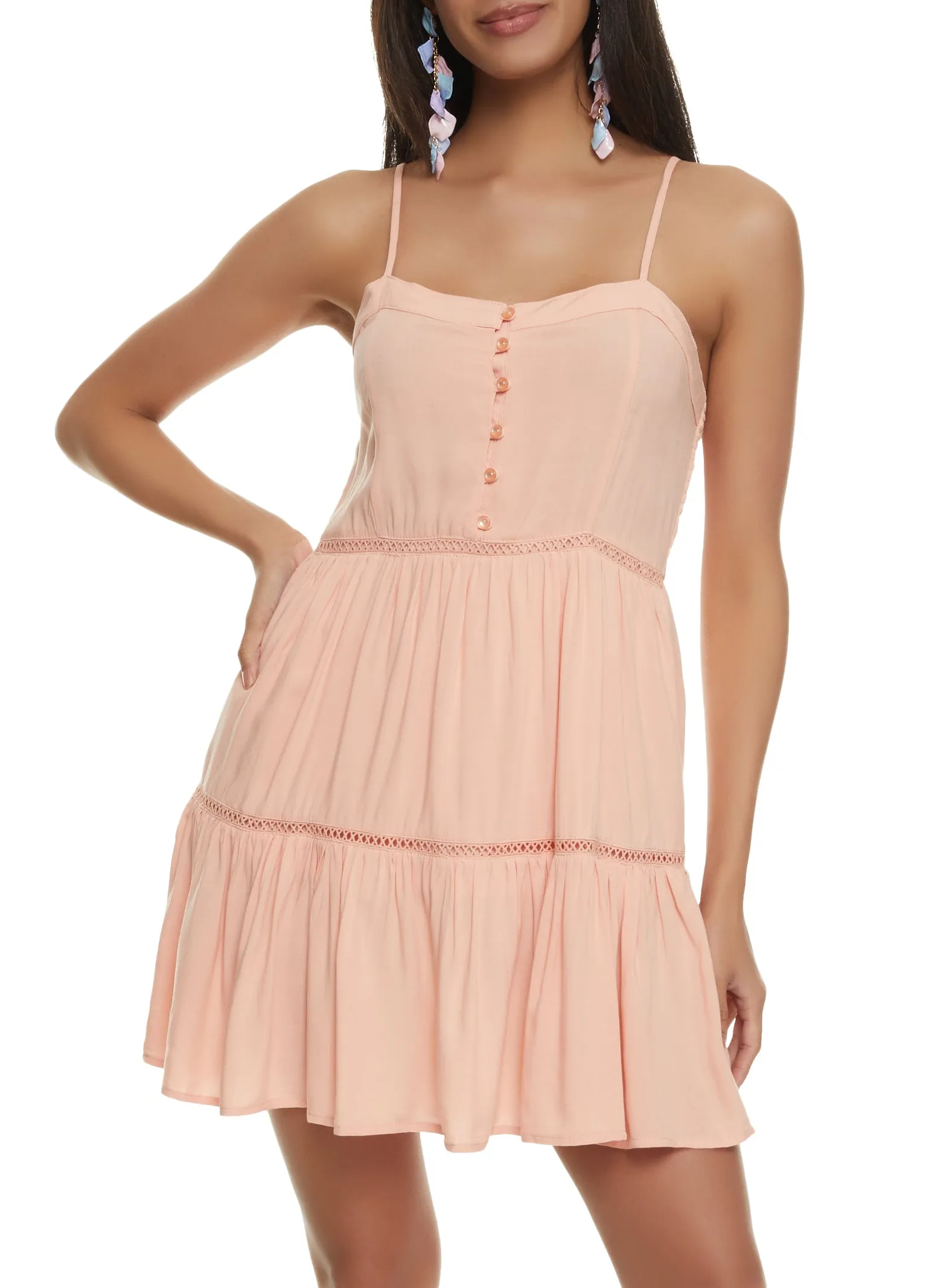 Faux Button Smocked Back Cami Dress sold by Rainbow