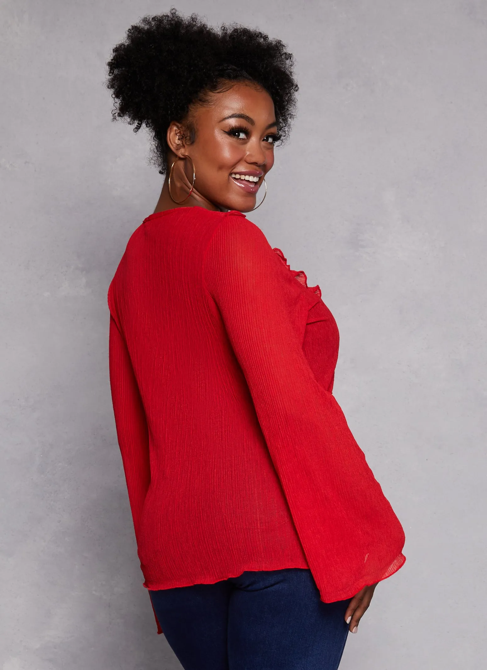 Plus Size Ruffle Trim Tie Front Long Sleeve Top sold by Rainbow product image thumbnail 3