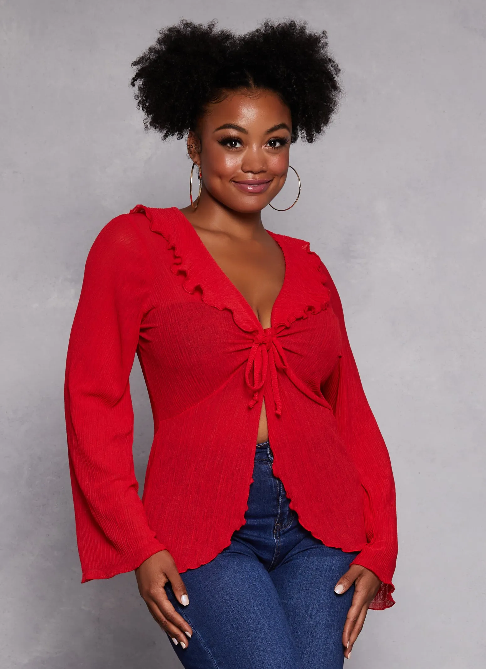 Plus Size Ruffle Trim Tie Front Long Sleeve Top sold by Rainbow
