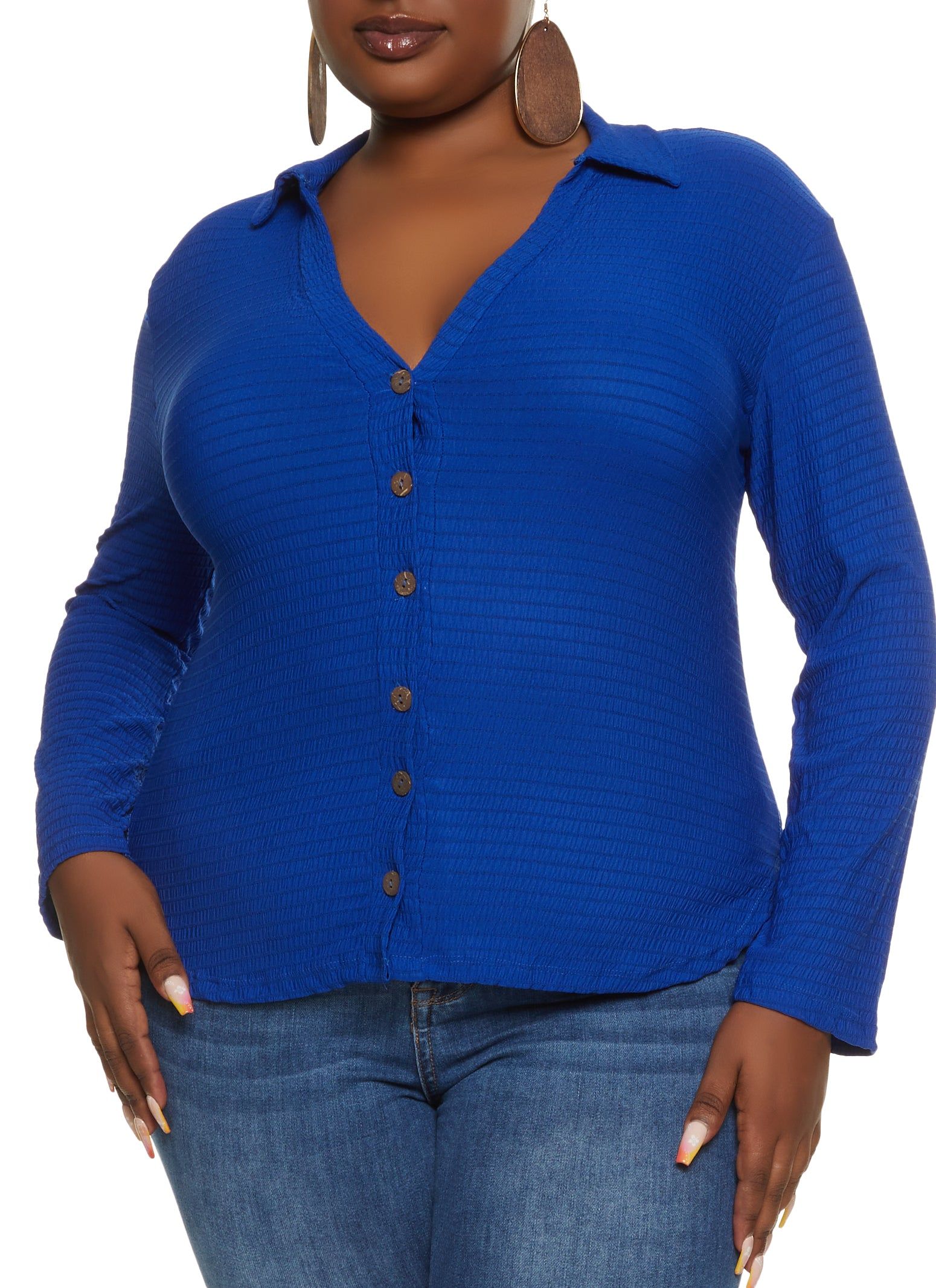 Plus Size Smocked Button Front Long Sleeve Shirt sold by Rainbow