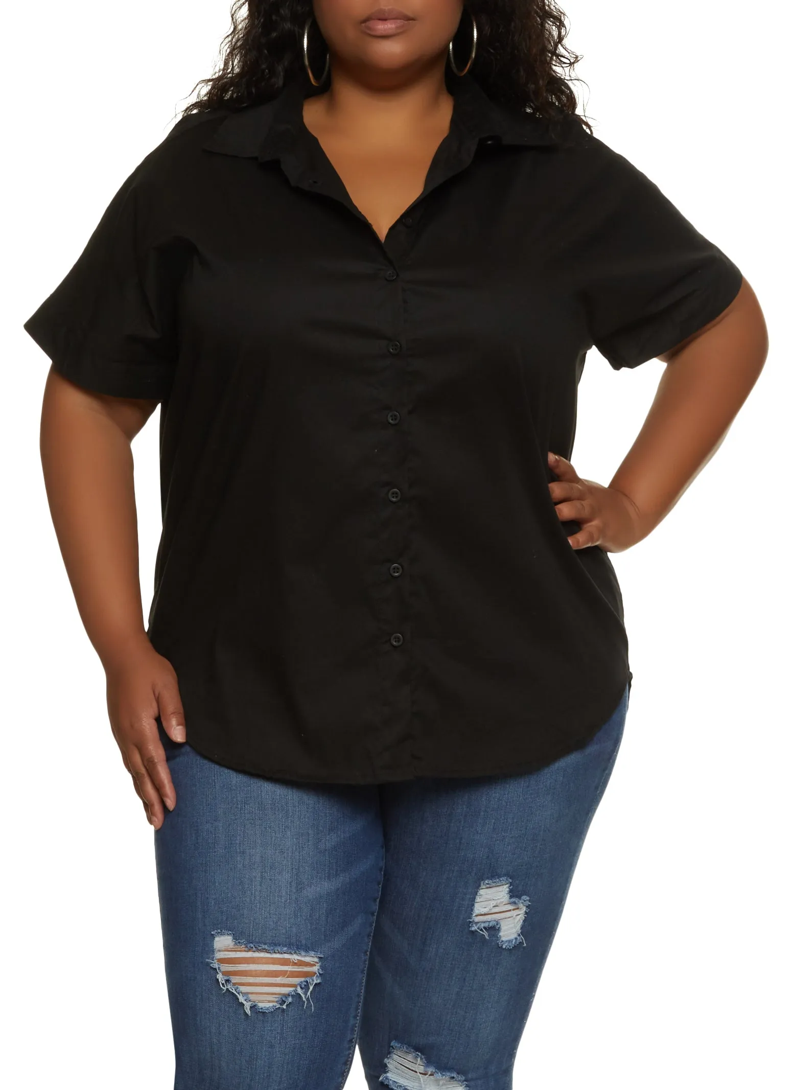 Plus Size Poplin Button Front High Low Shirt sold by Rainbow