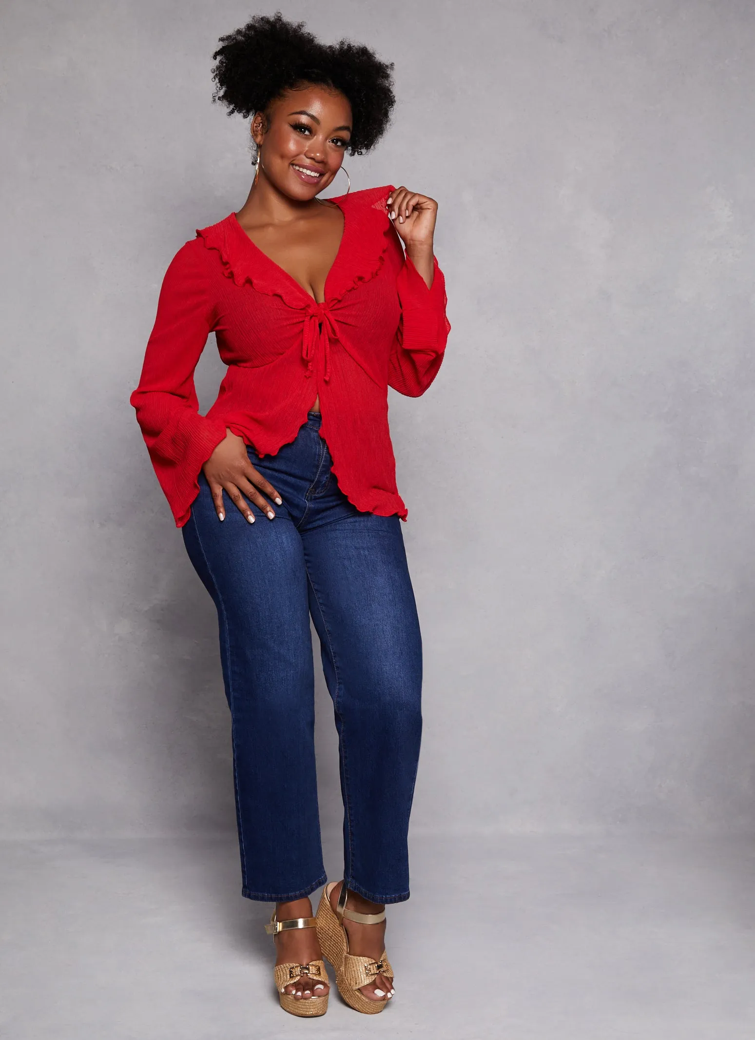 Plus Size Ruffle Trim Tie Front Long Sleeve Top sold by Rainbow product image thumbnail 2