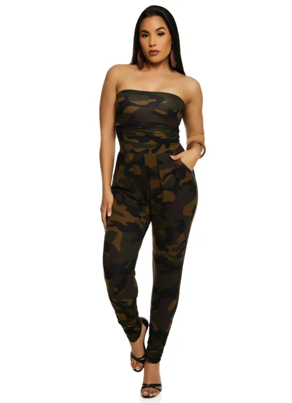 Printed Ruched Strapless Jumpsuit sold by Rainbow