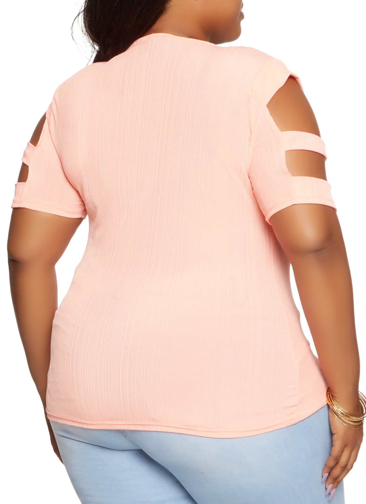 Plus Size Cut Out Sleeve Shadow Stripe Top with Necklace sold by Rainbow product image thumbnail 2