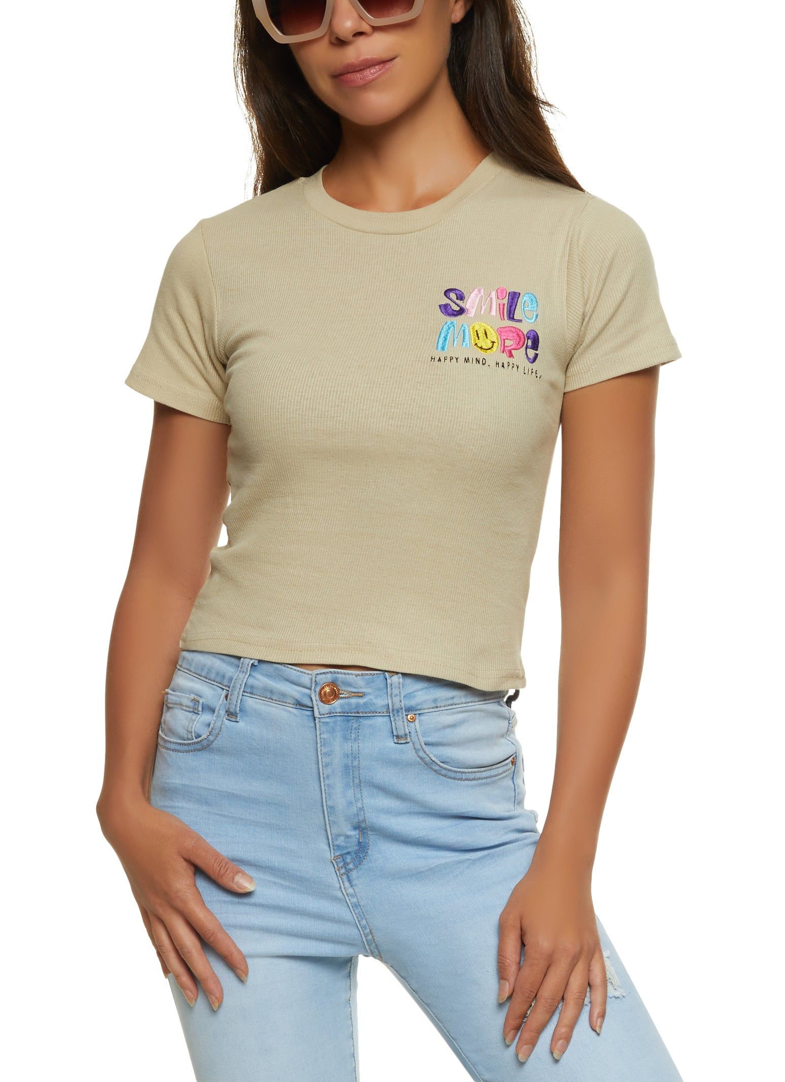 Smile More Embroidered Graphic Tee sold by Rainbow