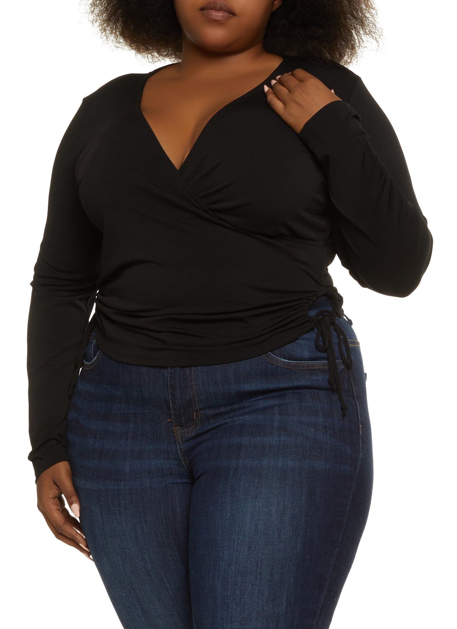 Plus Size Faux Wrap Keyhole Ruched Side Top sold by Rainbow
