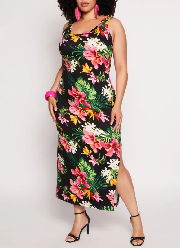 Plus Size Tropical Floral Print Maxi Tank Dress sold by Rainbow
