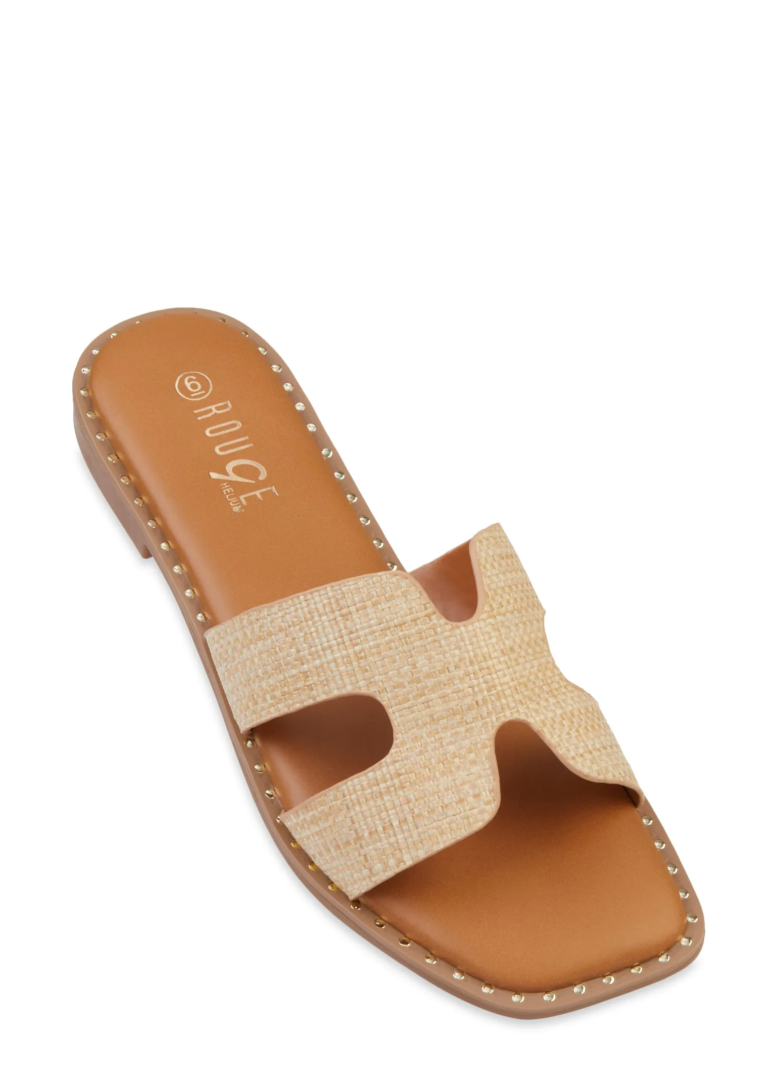 Studded Trim Straw Cut Out Band Slide Sandals sold by Rainbow