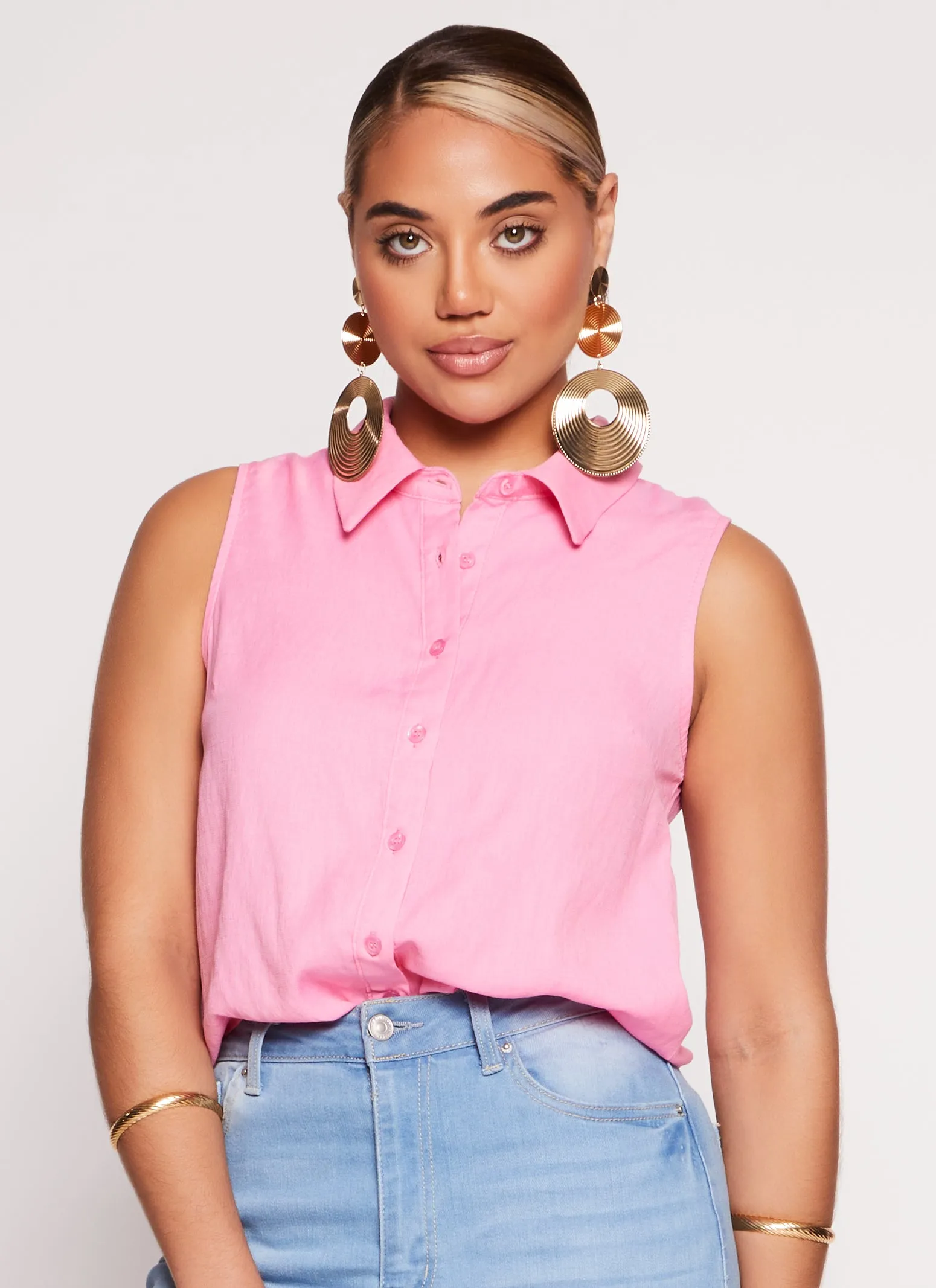 Gauze Knit Sleeveless Button Front Shirt sold by Rainbow