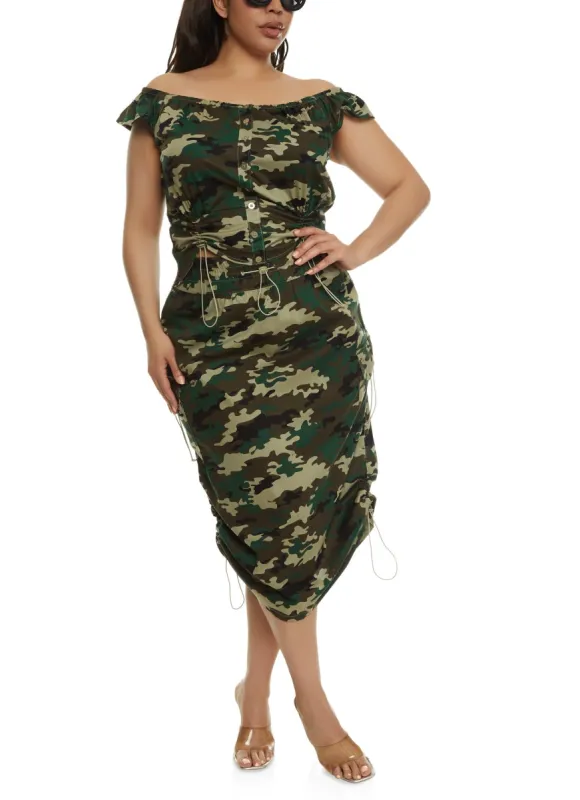 Plus Size Poplin Camo Print Drawstring Midi Skirt sold by Rainbow