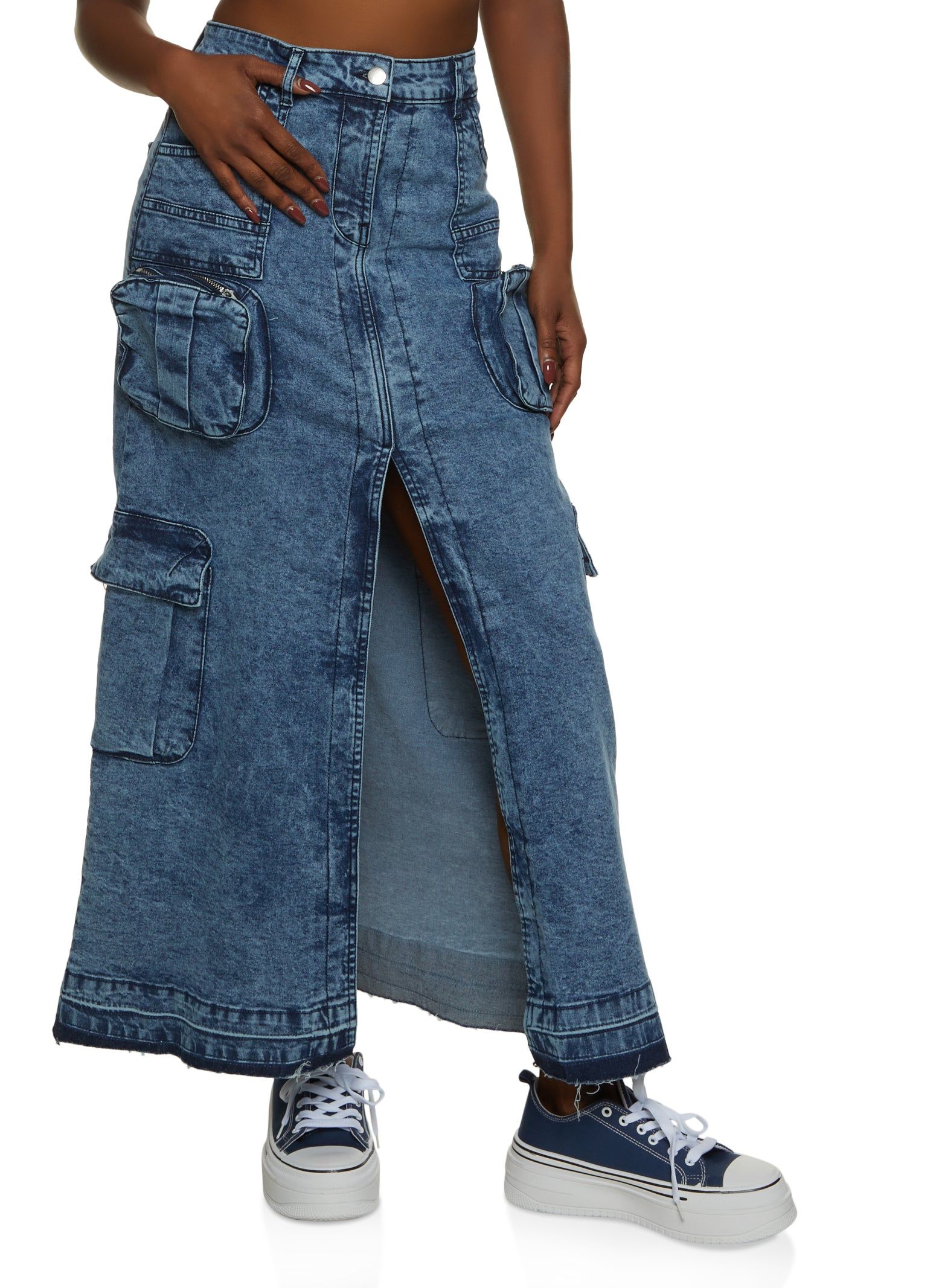 Denim Acid Wash Cargo Maxi Skirt sold by Rainbow