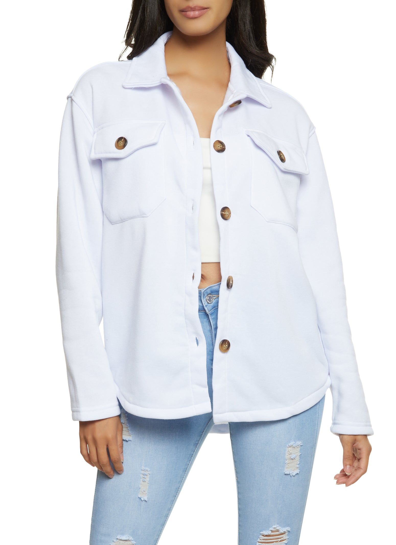 Fleece Button Front Shacket sold by Rainbow