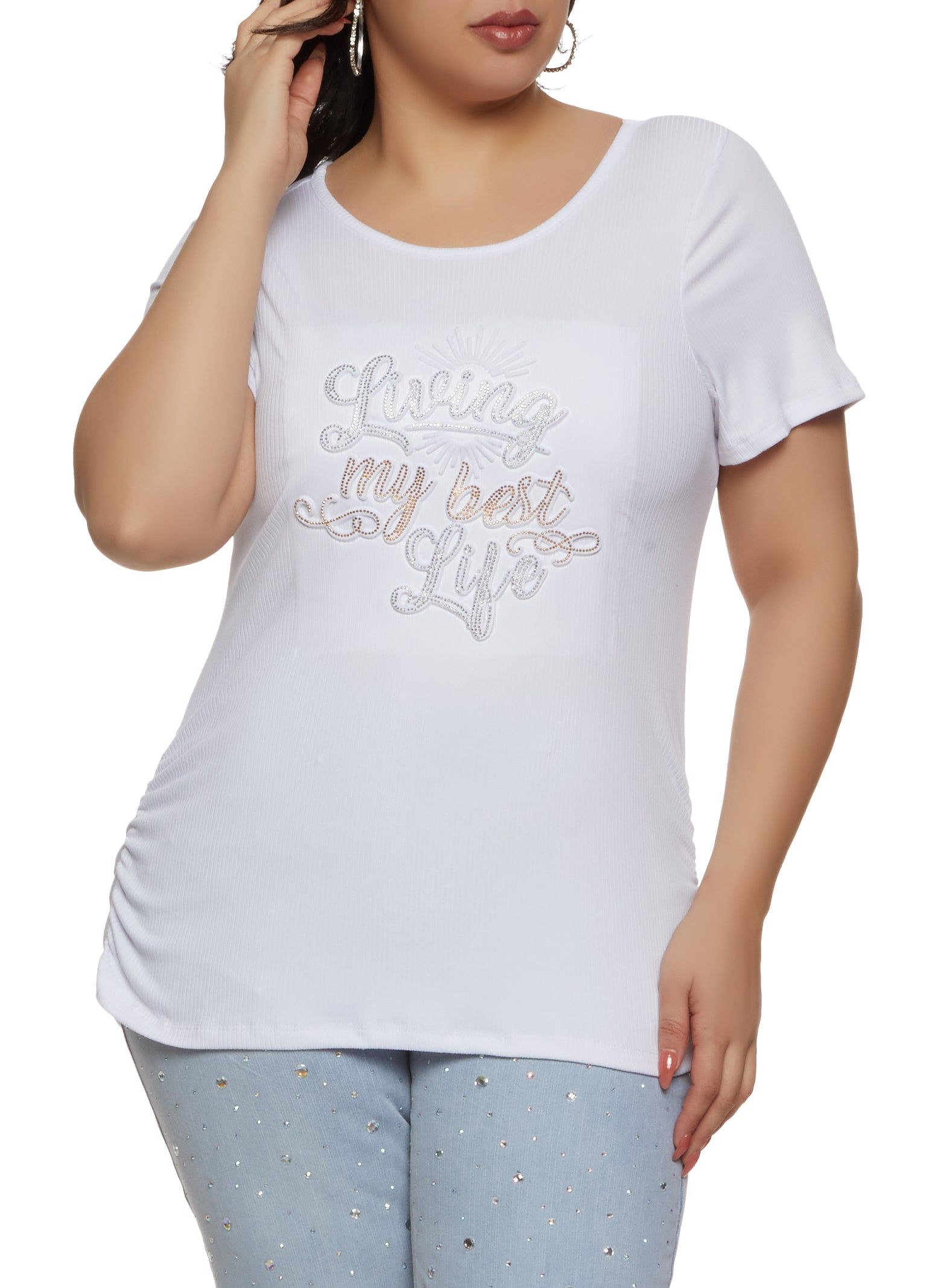 Plus Size Rhinestone Living My Best Life Tee sold by Rainbow