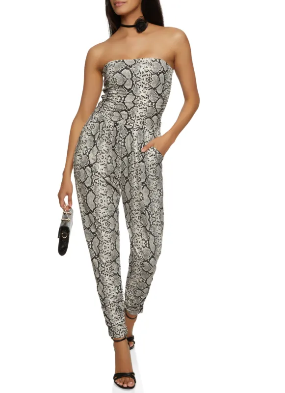 Printed Ruched Strapless Jumpsuit sold by Rainbow