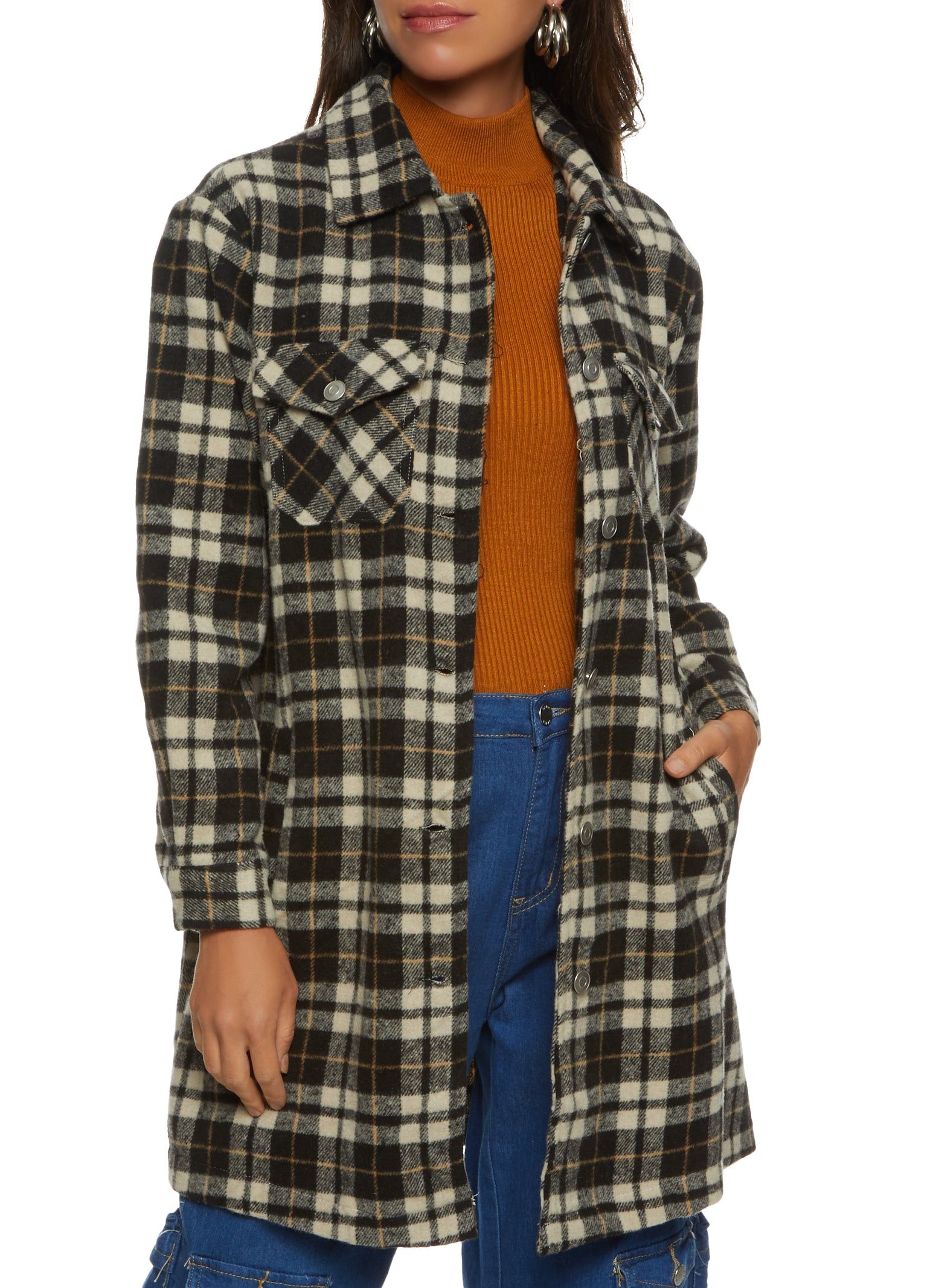 Plaid Pocket Detail Button Front Shacket sold by Rainbow