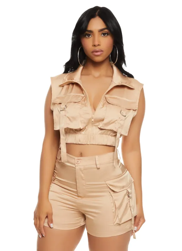 Daisy Satin Cargo Pocket Zip Front Top sold by Rainbow