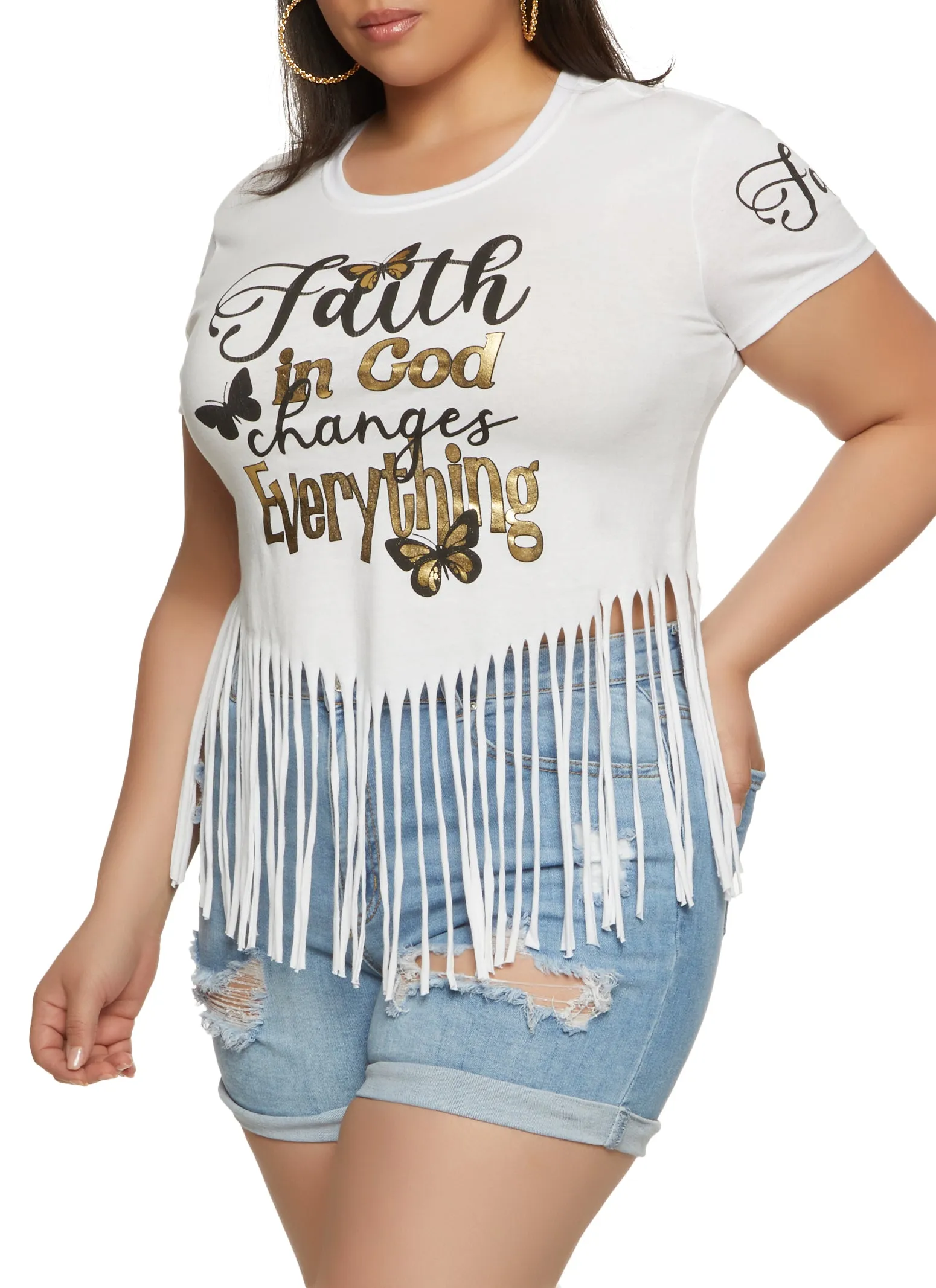Plus Size Faith In God Changed Everything Fringe Hem Graphic Tee sold by Rainbow