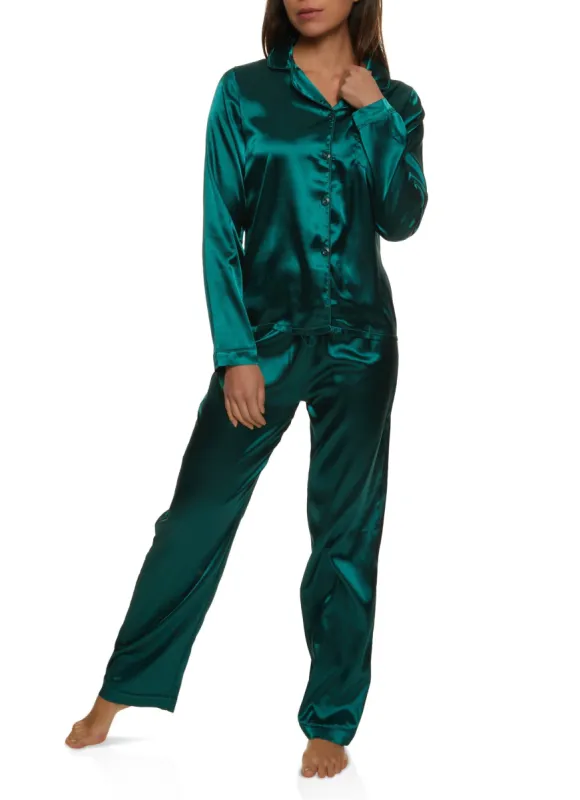 Satin Notch Collar Pajama Shirt and Pants made by Rainbow