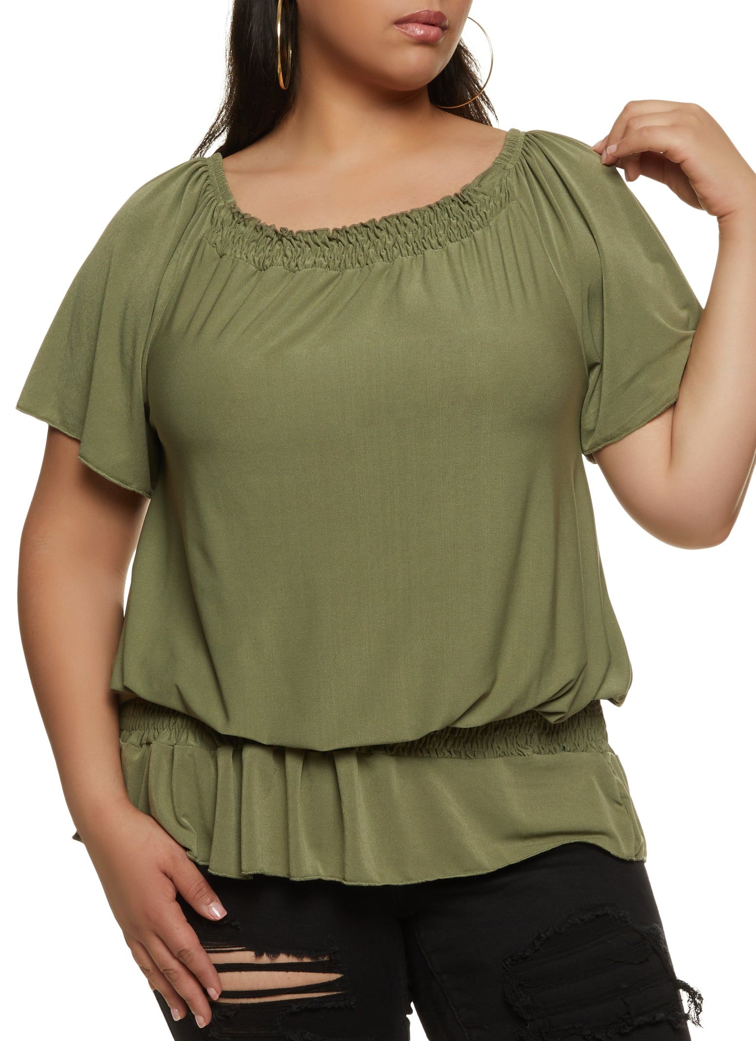 Plus Size Square Neck Smocked Waist Blouse sold by Rainbow