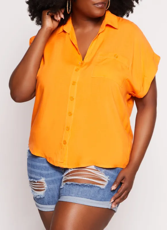 Plus Size Short Sleeve Button Front High Low Shirt sold by Rainbow