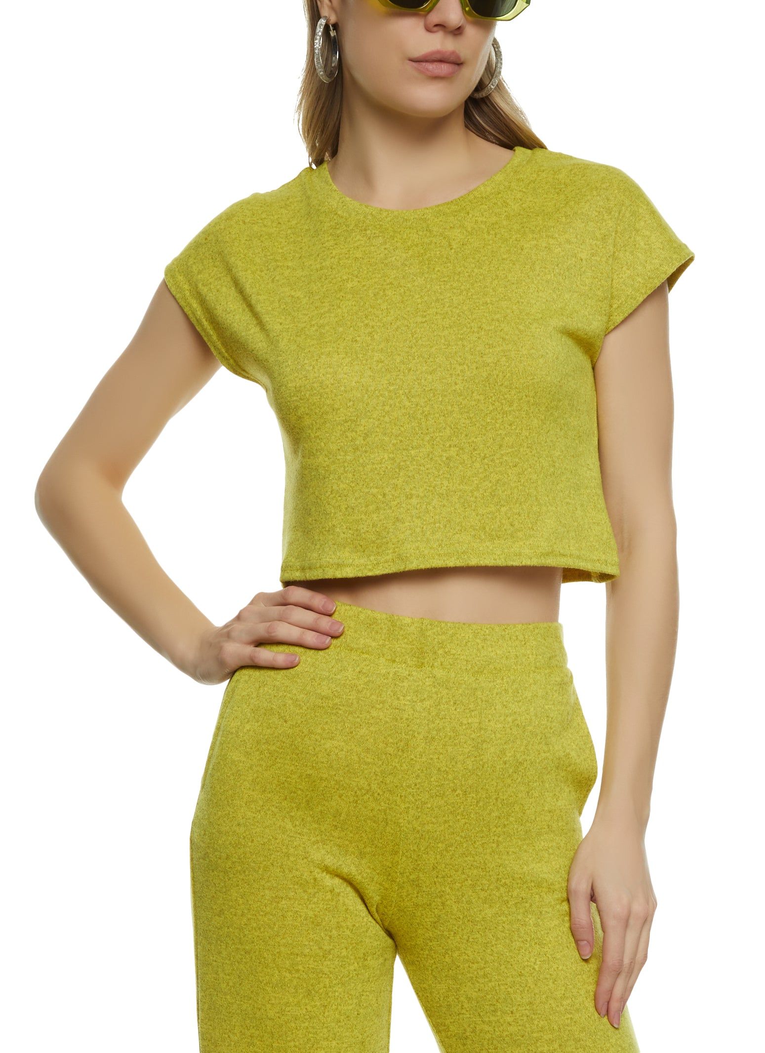 Brushed Knit Cap Sleeve Crew Neck Crop Top sold by Rainbow