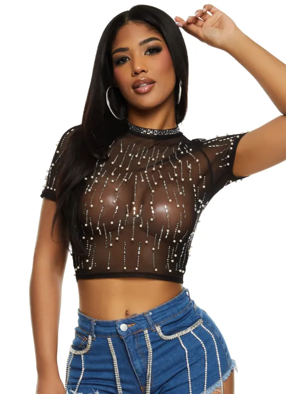 Mesh Rhinestone Faux Pearl Studded Crop Top sold by Rainbow