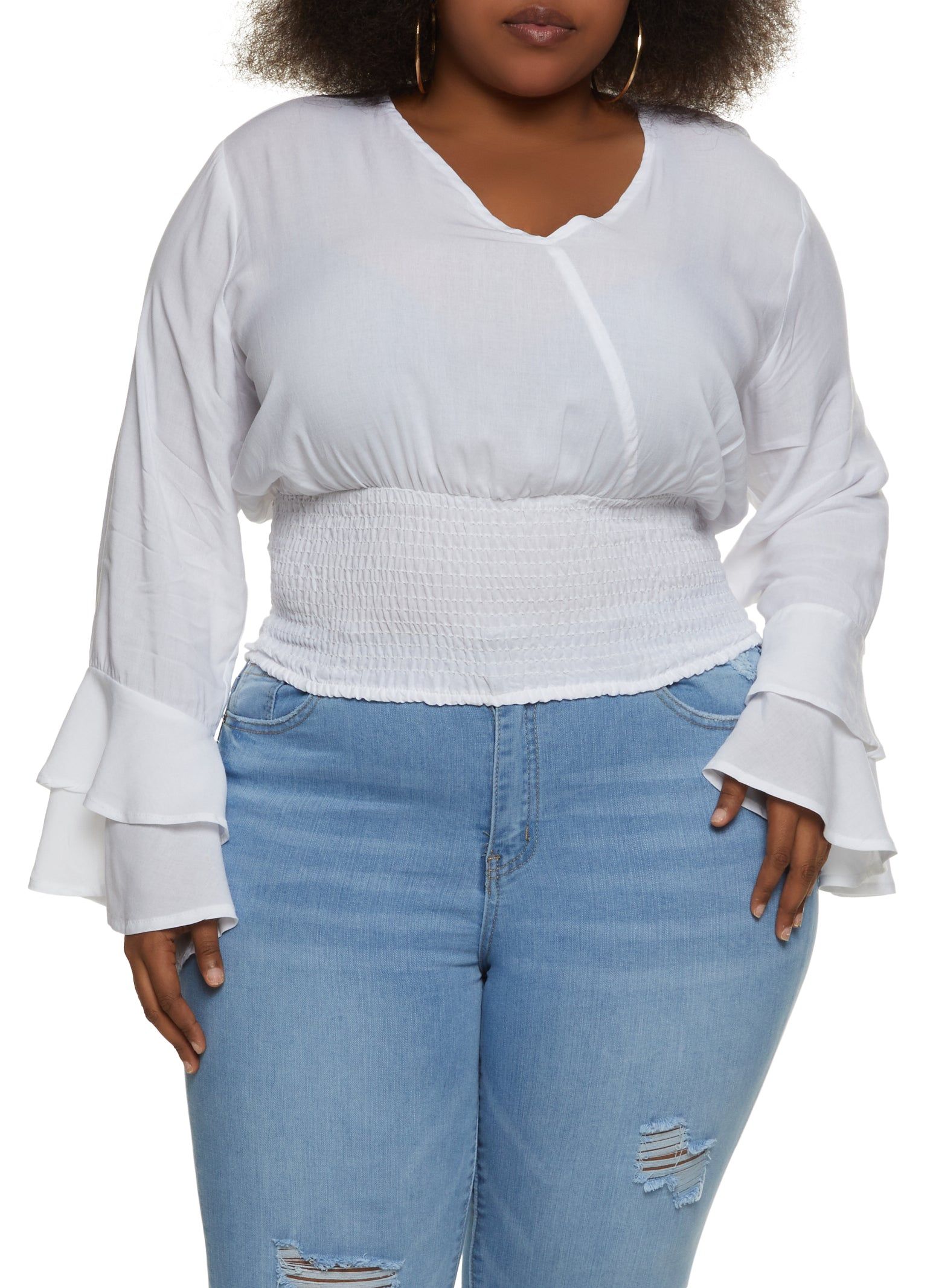 Plus Size Smocked Waist Faux Wrap Top sold by Rainbow