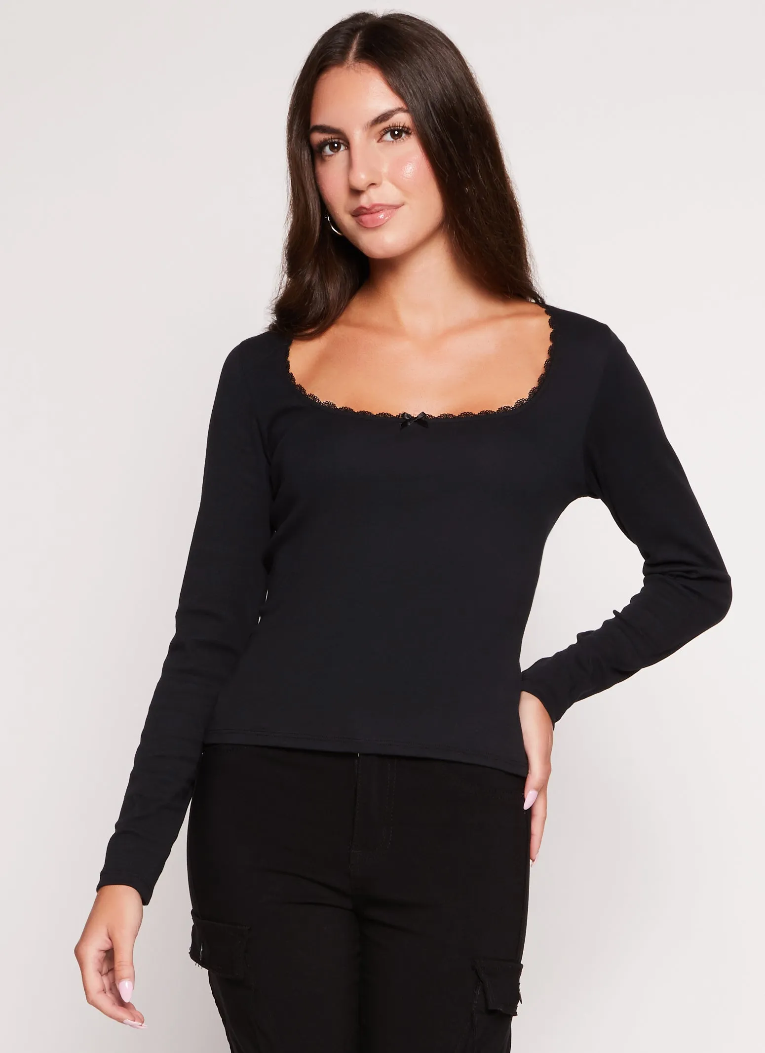 Lace Trim Scoop Neck Long Sleeve Top sold by Rainbow