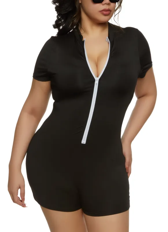 Plus Size Zip Front Short Sleeve Romper sold by Rainbow