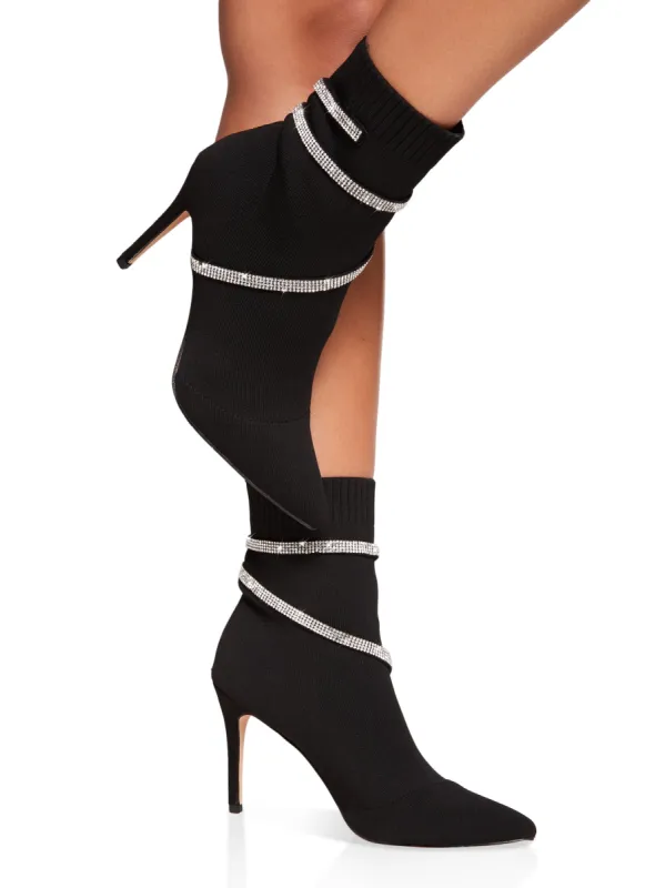 Rhinestone Wrap Around Stiletto Sock Booties sold by Rainbow