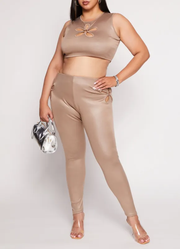 Plus Size Leather Look Flower Keyhole Leggings sold by Rainbow