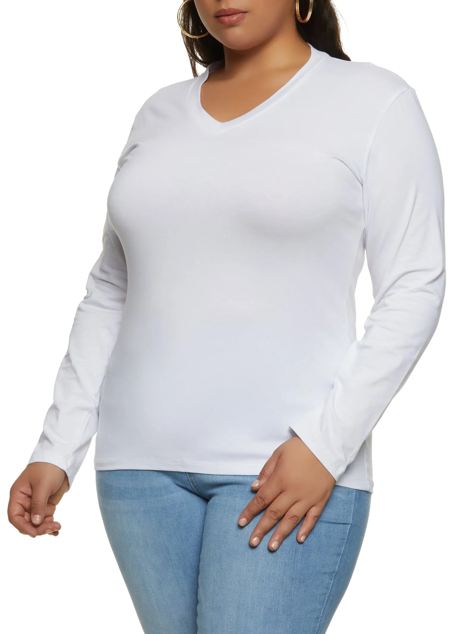 Plus Size Long Sleeve V Neck Basic Tee sold by Rainbow