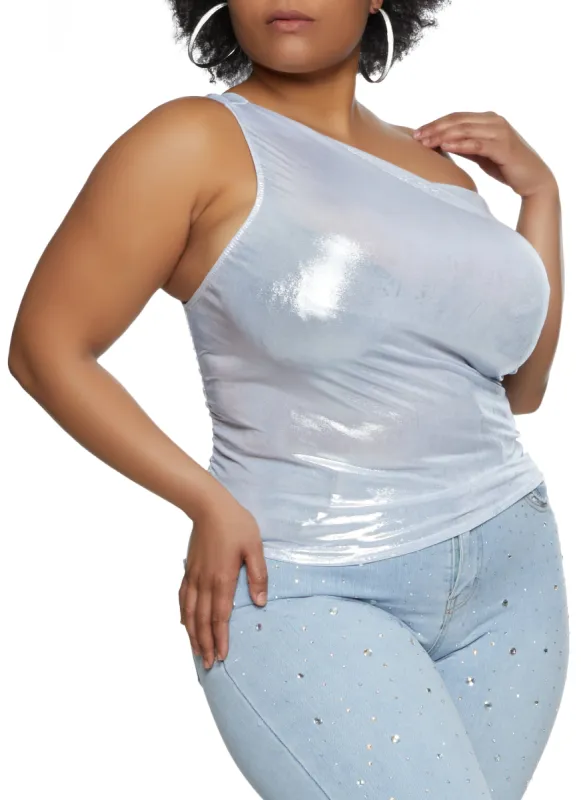 Plus Size Metallic Foil Ruched One Shoulder Top sold by Rainbow