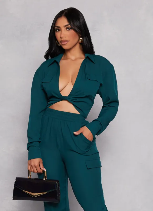 Crepe Knit Twist Front Pocket Detail Shirt sold by Rainbow