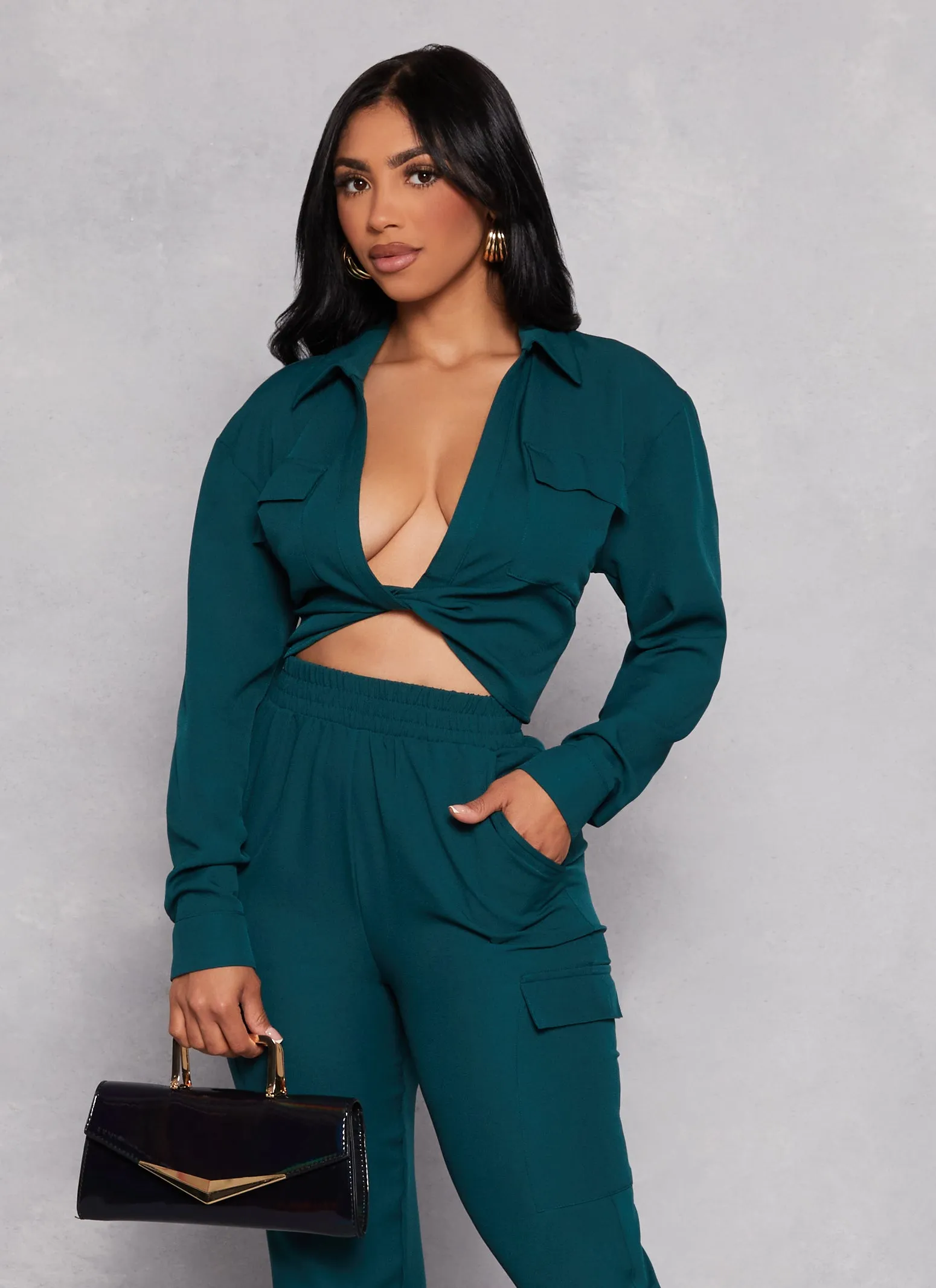 Crepe Knit Twist Front Pocket Detail Shirt sold by Rainbow