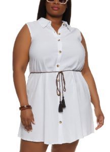 Plus Size Sleeveless Tie Waist Shirt Dress sold by Rainbow