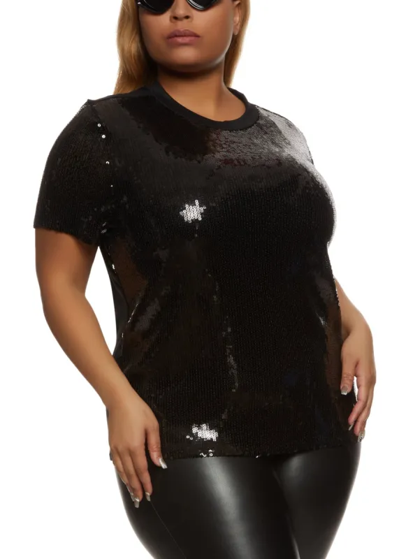 Plus Size Sequin Crew Neck Top sold by Rainbow