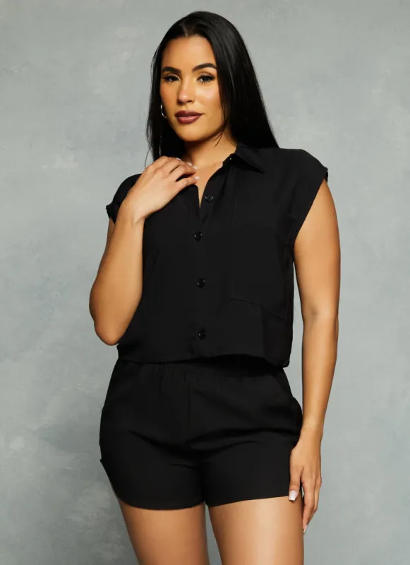 Crepe Knit Sleeveless Button Front Pocket Detail Top sold by Rainbow