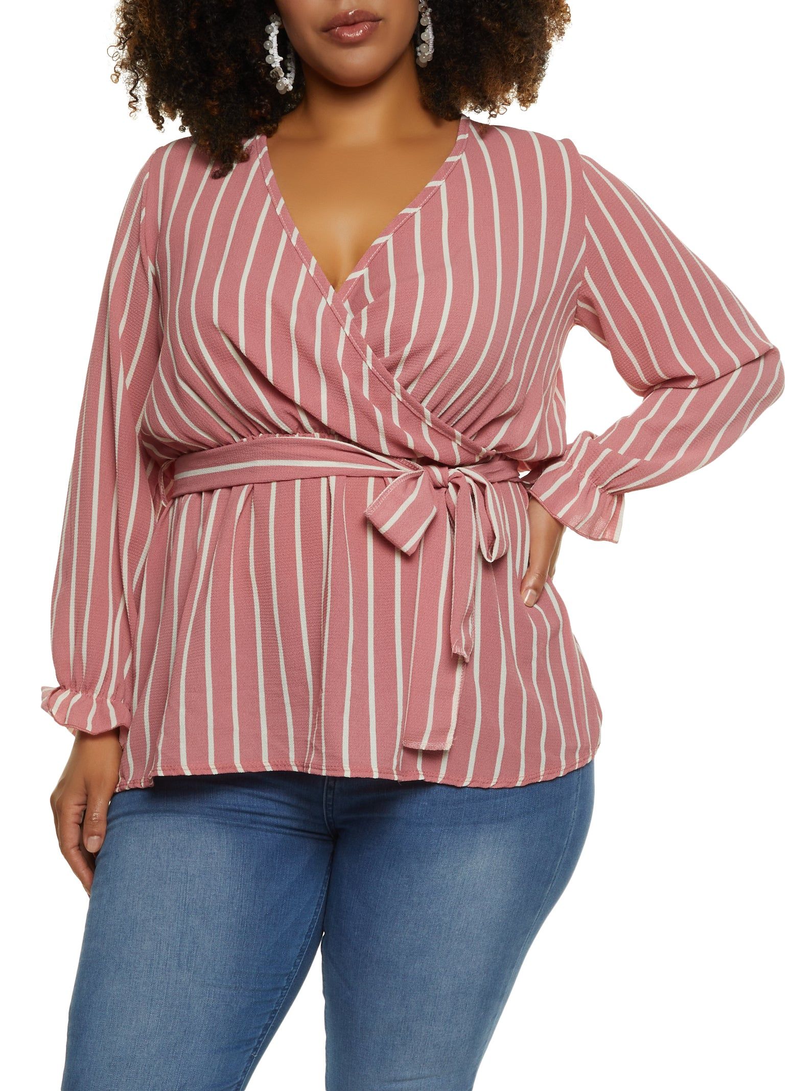Plus Size Striped Tie Waist Belted Wrap Top sold by Rainbow