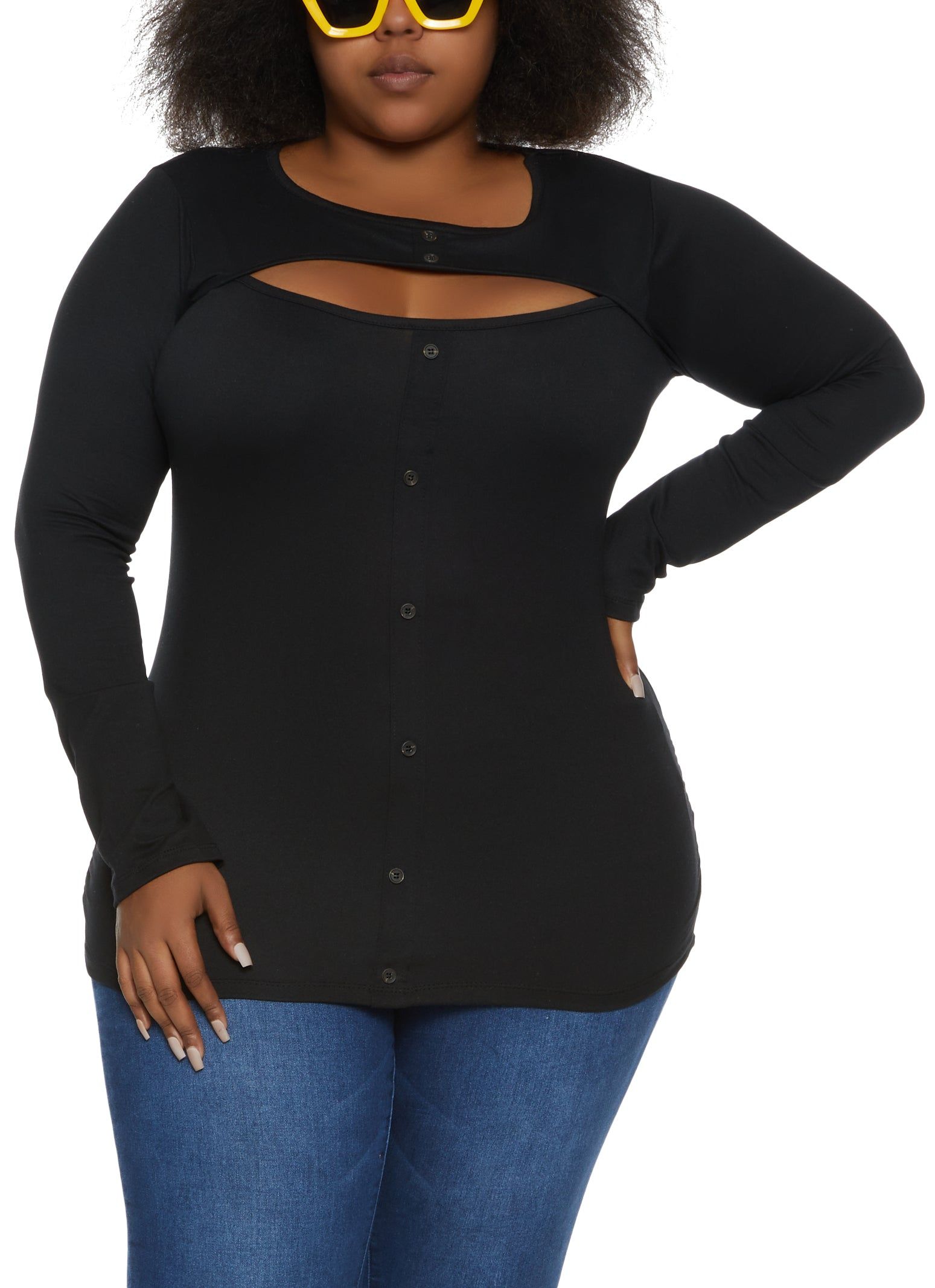 Plus Size Button Detail Cut Out Long Sleeve Top sold by Rainbow