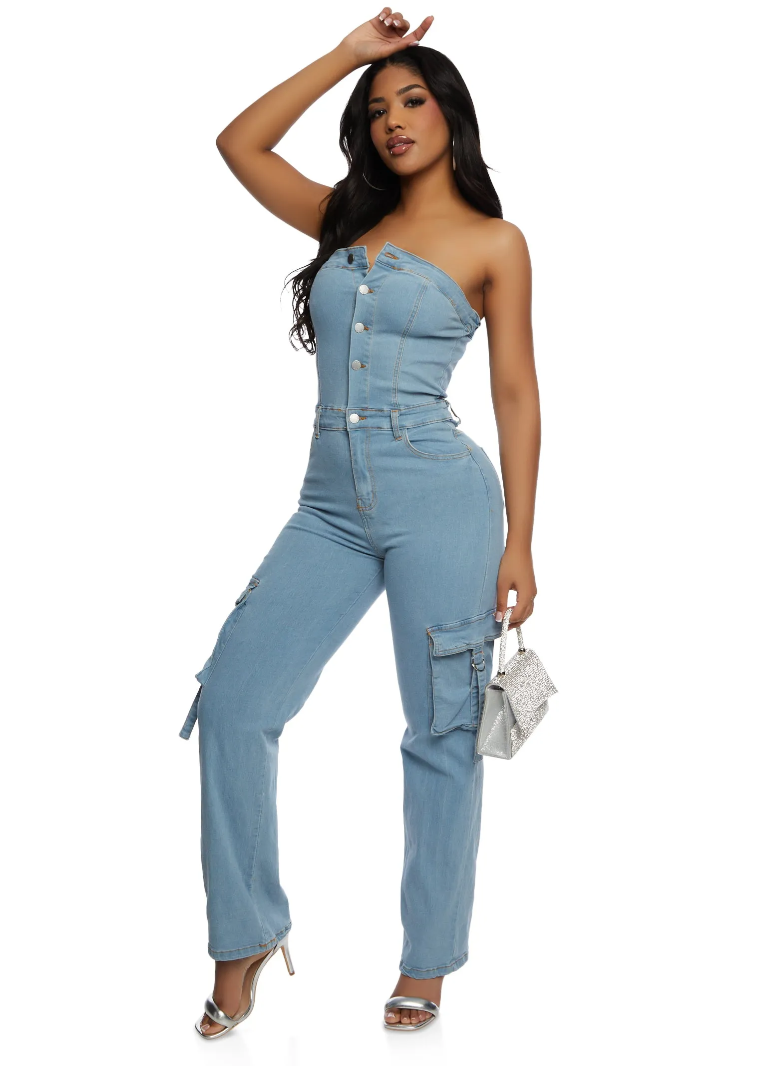 Daisy Denim Strapless Cargo Pocket Jumpsuit sold by Rainbow
