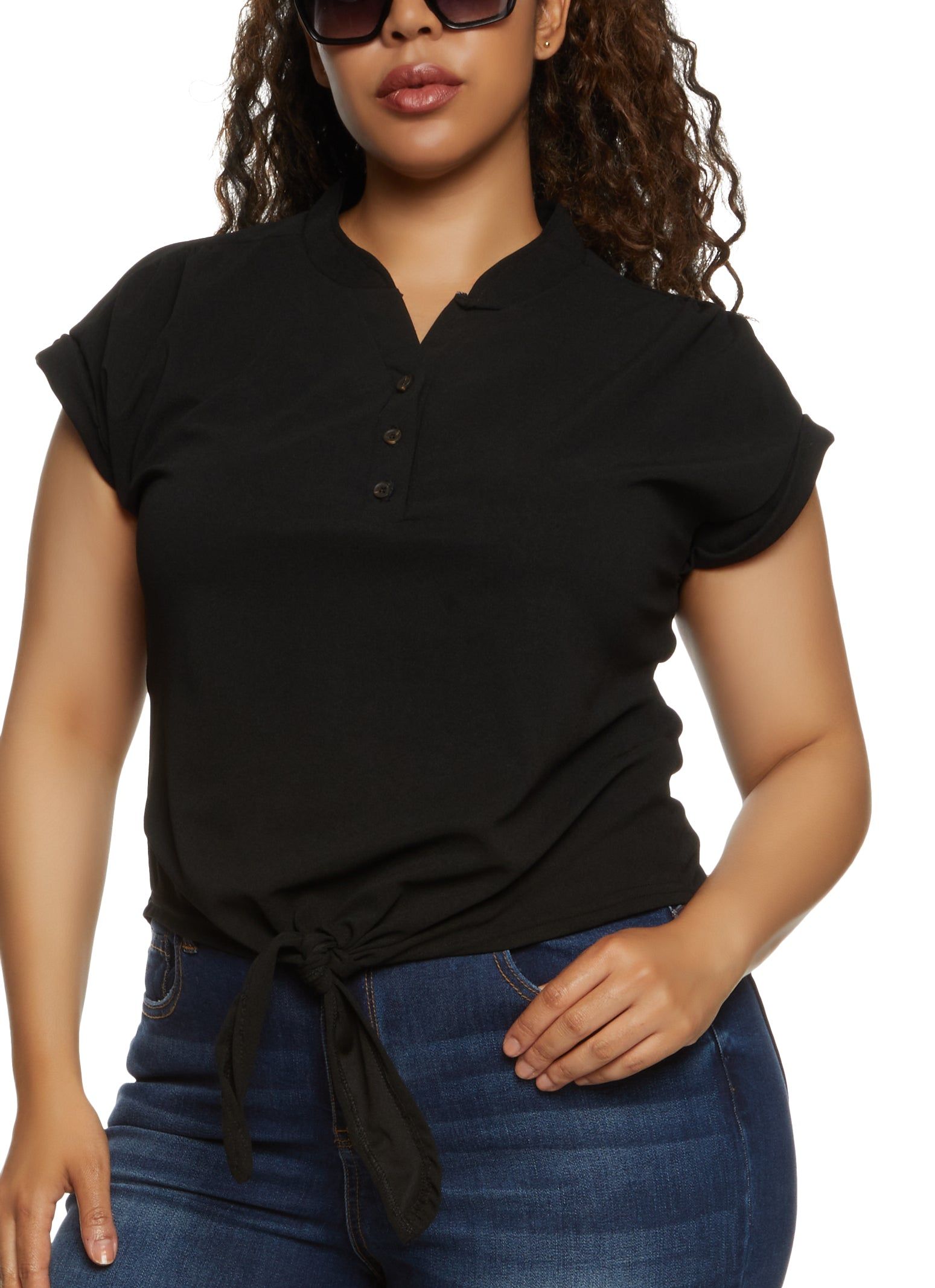 Plus Size Half Button Tie Front High Low Top sold by Rainbow