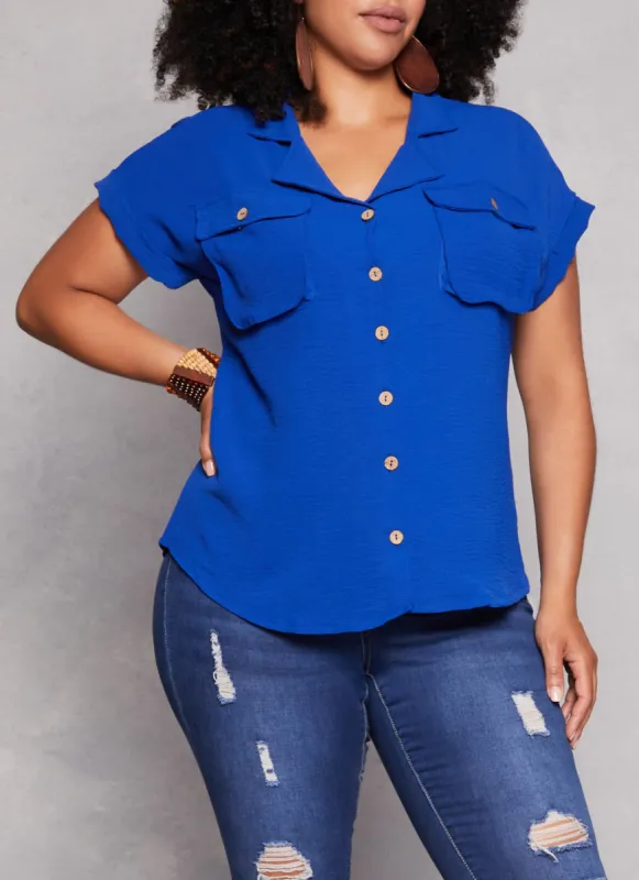 Plus Size Airy Flap Pocket Shirt sold by Rainbow